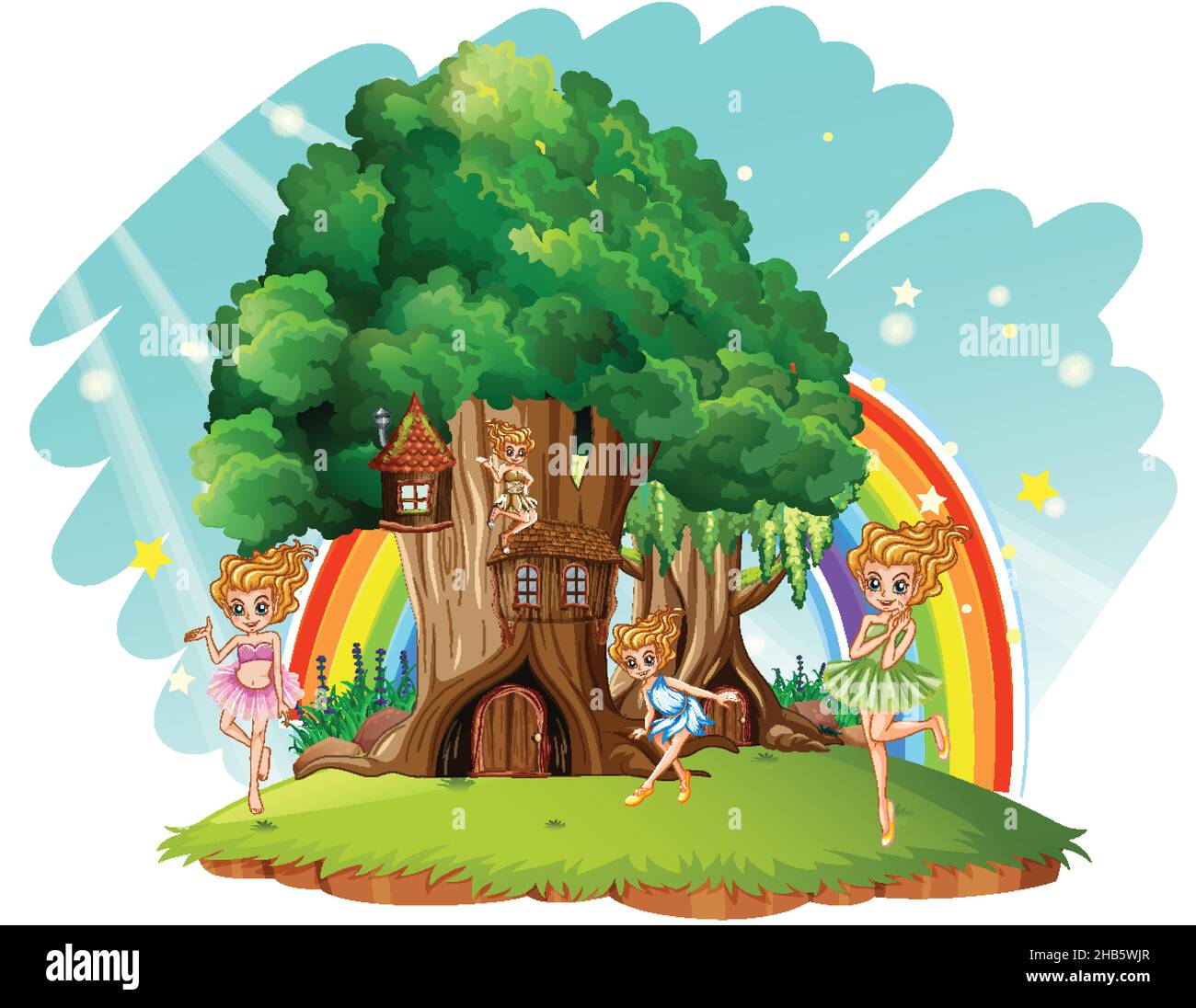 Fantasy tree house inside tree trunk with fairies illustration Stock
