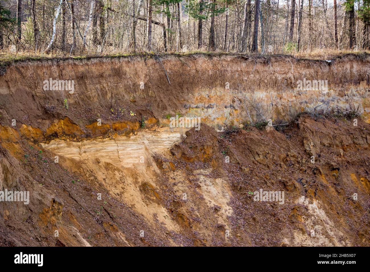 Sharp steep cliff on a sandy quarry, layers of soil, sand and loam Stock Photo
