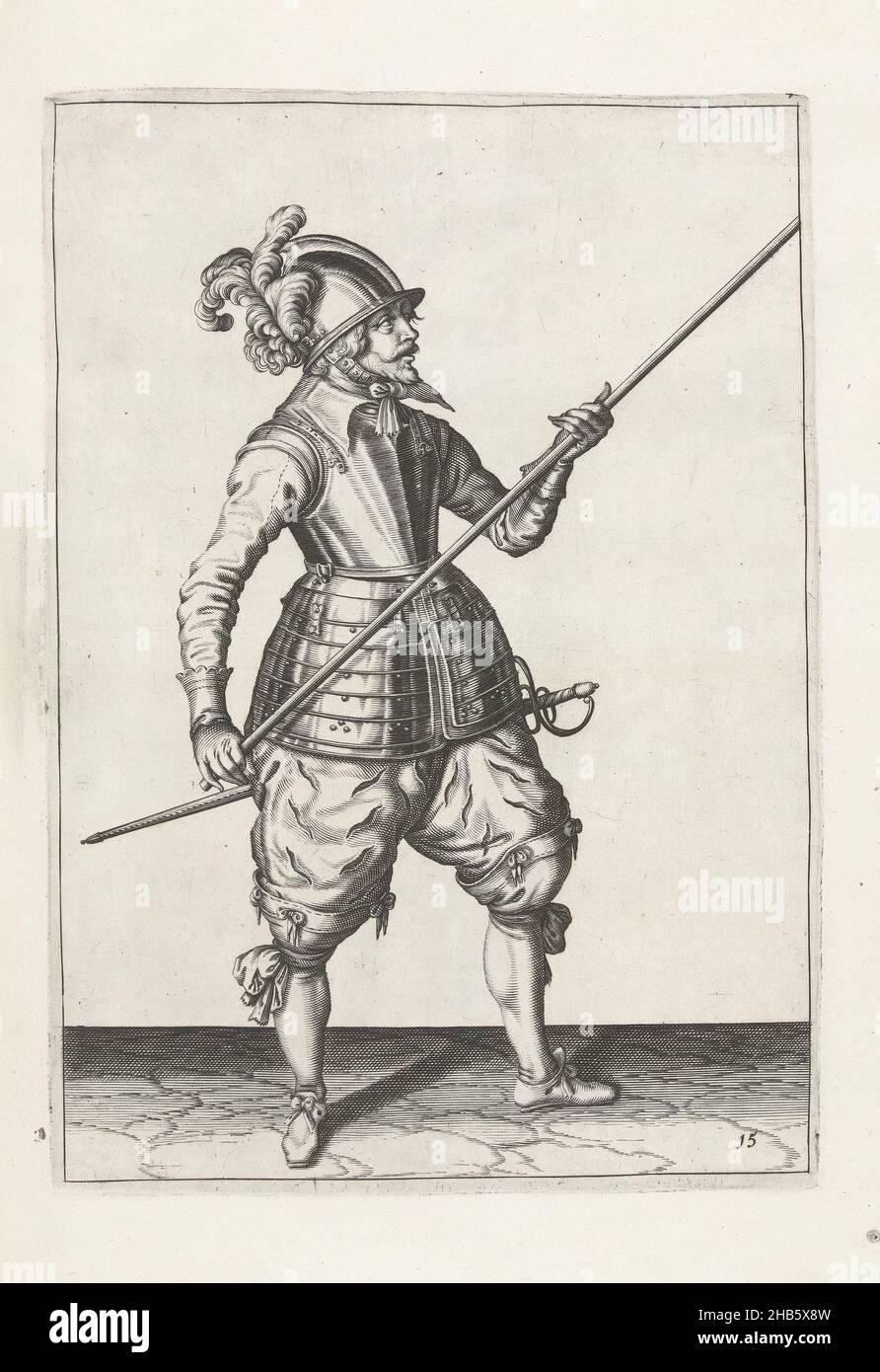Soldier carrying his spear with both hands by his right side, the point ...