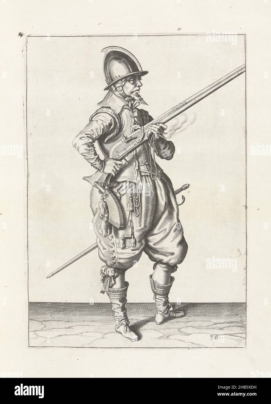 Soldier on guard holding his rudder by his right side angled upward, his finger on the trigger (no. 36), c. 1600, A soldier on guard, full-length, to the right, holding a rudder (a certain type of firearm) with both hands by his right side, his right index finger on the trigger, the barrel angled upward (no. 36), c. 1600. In his left hand, in addition to the barrel of the rudder, a burning fuse. Plate 36 in the instructions for handling the rudder: Corte onderwysinghe op de figuerliicke afbeeldinghe, belanghende t'rechte ghebruyck des Roers. Part of the illustrations in: J. de Gheyn Stock Photo