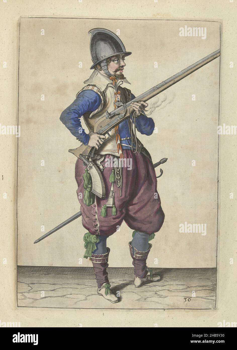 Soldier on guard holding his rudder by his right side angled upward, his finger on the trigger (no. 36), c. 1600, A soldier on guard, full-length, to the right, holding a rudder (a certain type of firearm) with both hands by his right side, his right index finger on the trigger, the barrel angled upward (no. 36), c. 1600. In his left hand, in addition to the barrel of the rudder, a burning fuse. Plate 36 in the instructions for handling the rudder: Shortest instruction upon the contrefaictinges, touching the right use of calivers. Part of the illustrations in an English edition of J. de Gheyn' Stock Photo