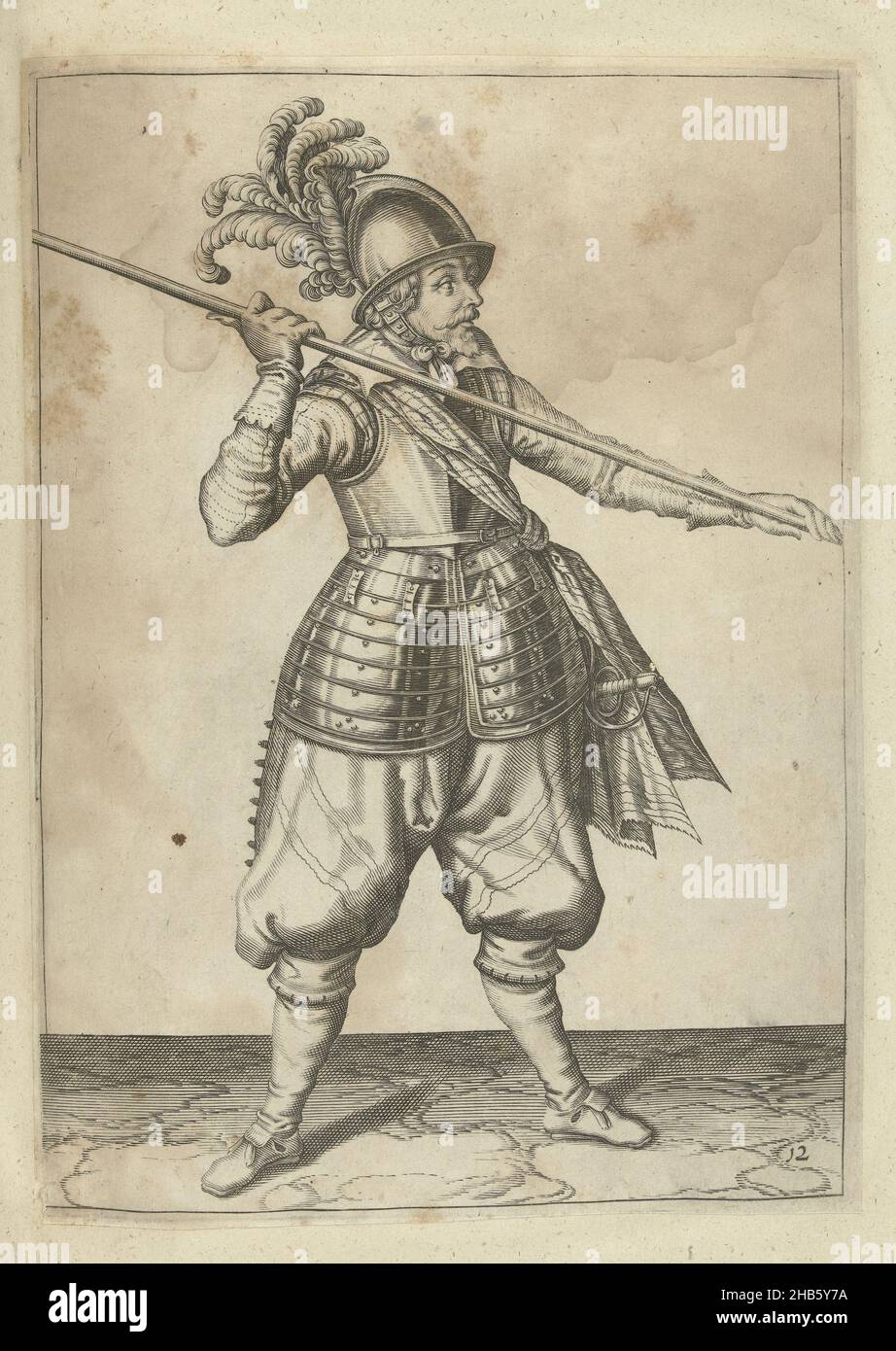 Soldier carrying his spear with both hands far apart above his right ...