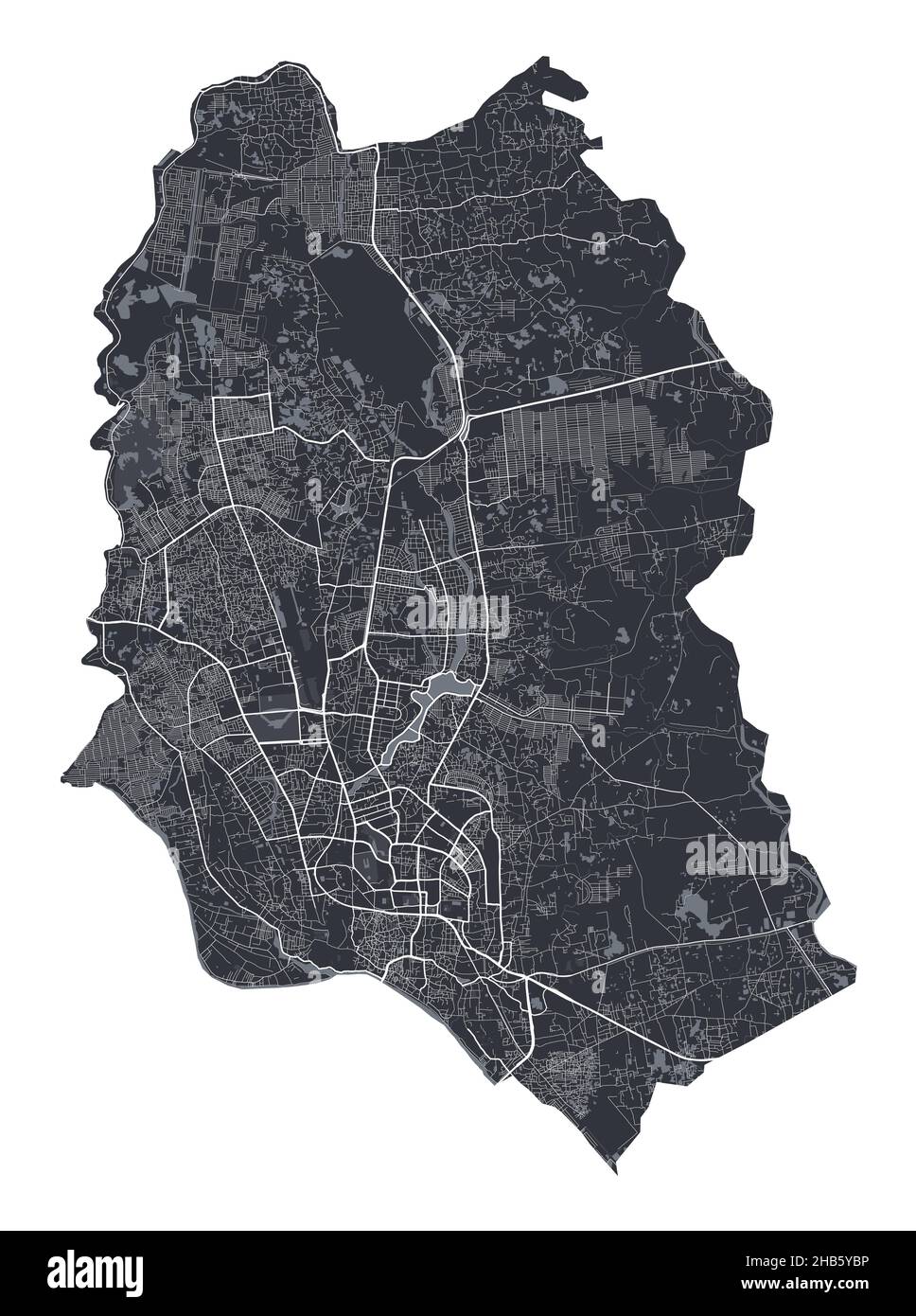 Dhaka vector map. Detailed vector map of Dhaka city administrative area. Cityscape poster metropolitan aria view. Black land with white streets, roads Stock Vector