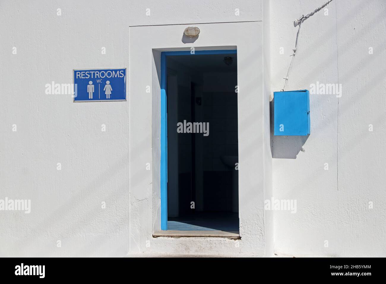 Entrance to Restrooms (toilets), Perissa, Santorini, Greece Stock Photo