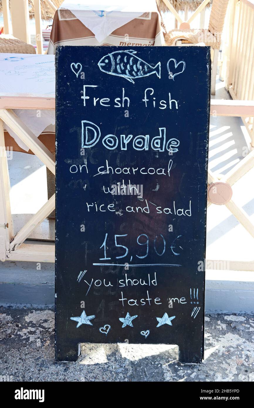 Sign outside Fish Restaurant, Perissa, Santorini, Greece Stock Photo