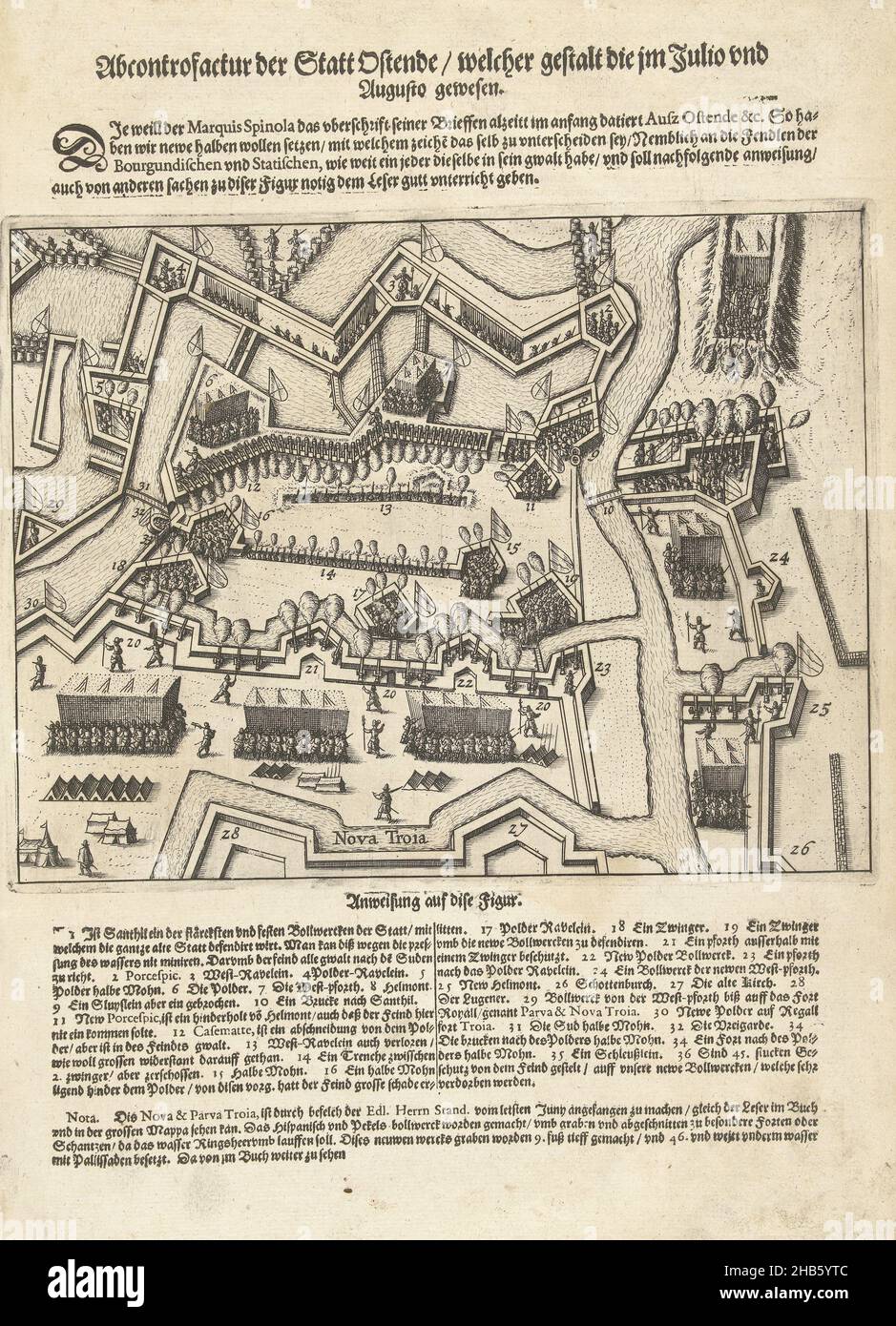 Siege of Ostend: the cut-offs and the New Troy, 1604, Abcontroversy of the city of Ostende, welcher gestalt im Julio und Augusto gewesen (title on object), Siege of Ostend: the cut-offs and the New Troy, the situation in July-August 1604. Above the print the title, below the description in German. Part of the illustrations to a journal of the siege of Ostend 1601-1604., print maker: anonymous, print maker: Baptista van Doetechum (possibly), Low Countries, 1604, paper, etching, letterpress printing, height 175 mm × width 225 mmheight 350 mm × width 240 mm Stock Photo