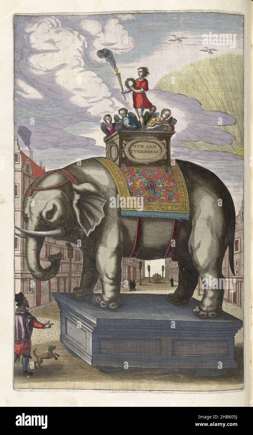 Parade wagon with an elephant, 1599, Parade wagon with an elephant, December 1599. During the entry into Antwerp. Part of: Historica narratio profectionis et inaugurationis serenissimorum Belgii principum Alberti et Isabellae Austriae archiducum, the description of the couple's entrances at Brussels, Antwerp, Ghent and Valenciennes, 1599., print maker: anonymous, publisher: Johannes Moretus (I), print maker: Southern Netherlands, publisher: Antwerp, 1599, paper, engraving, height 336 mm × width 209 mm Stock Photo