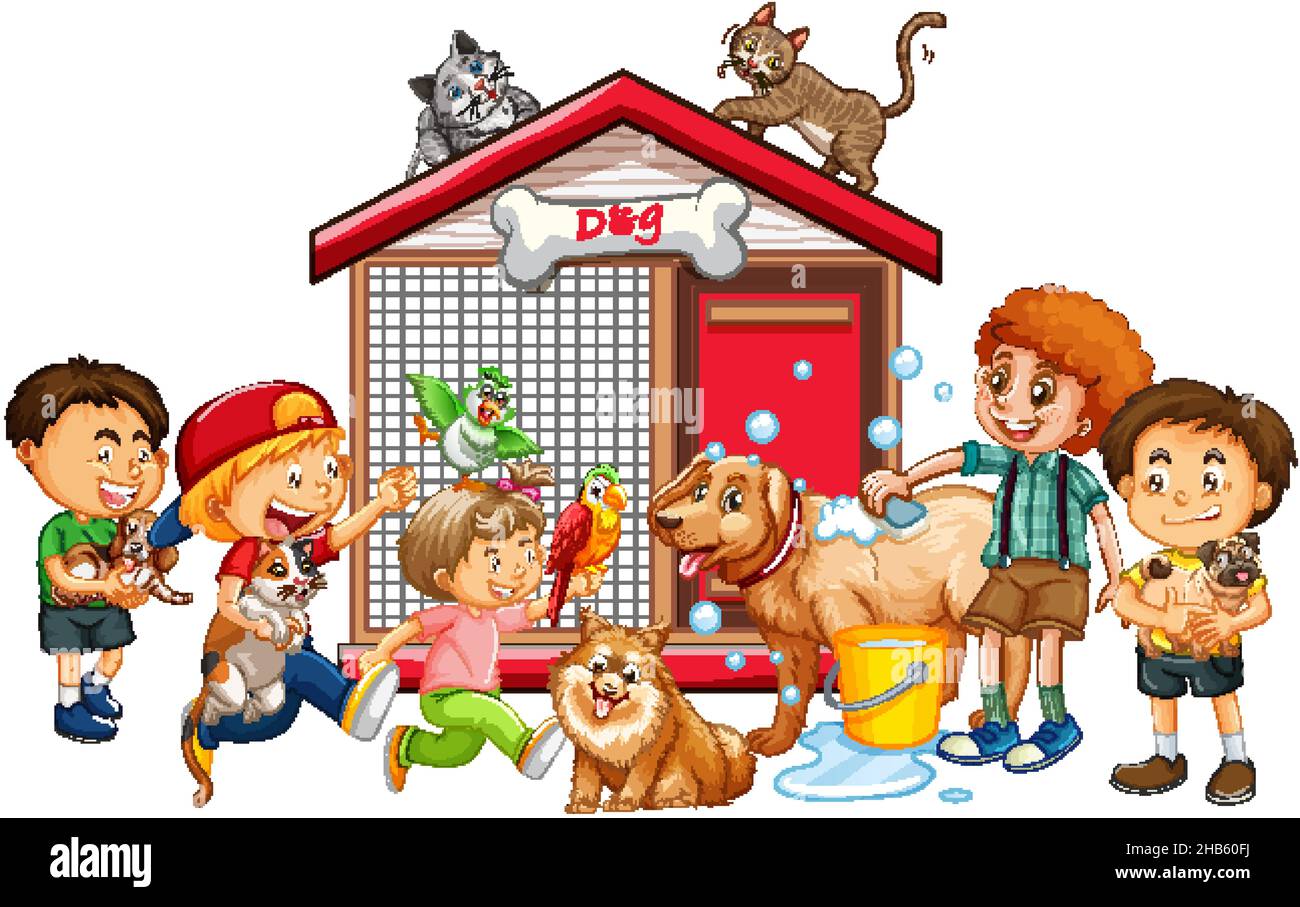 Happy kids with their pets on white background illustration Stock ...