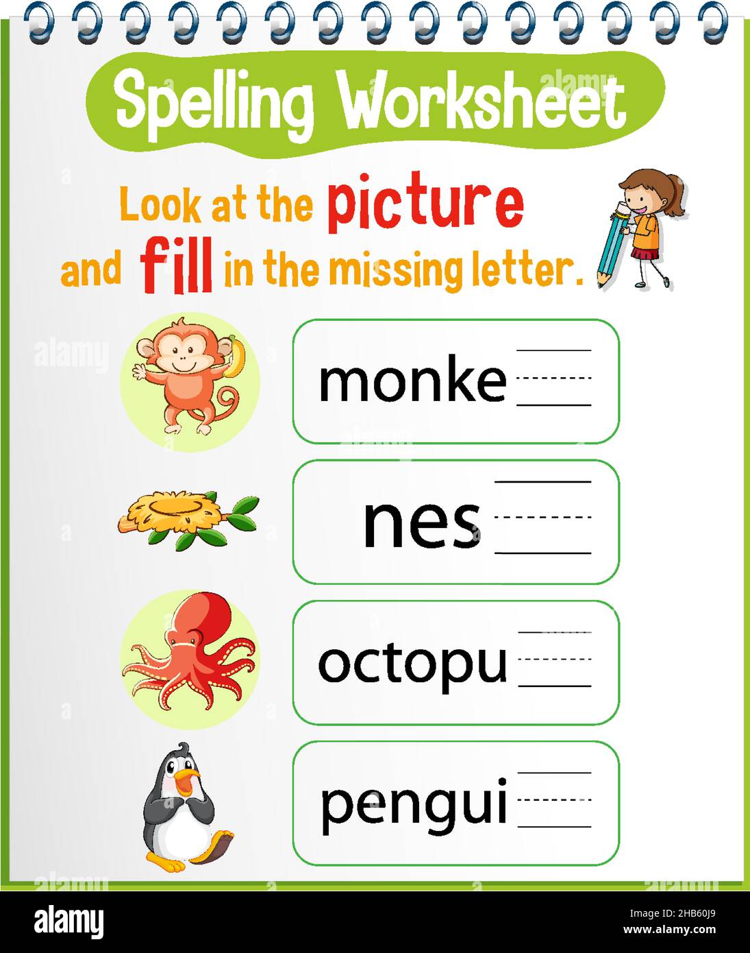Spelling worksheet template for kids illustration Stock Vector Image ...