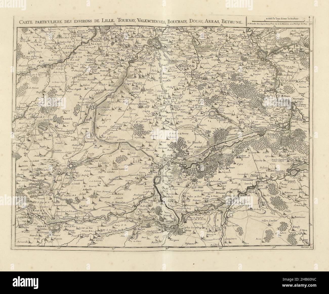 Map of Northern France, 1711, Carte particuliere des environs de Lille,  Tournay, Valenciennes, Bouchain, Douay, Arras, Bethune (title on object),  Map of Northern France with the towns of Lille, Tournai, Valenciennes,  Bouchain,