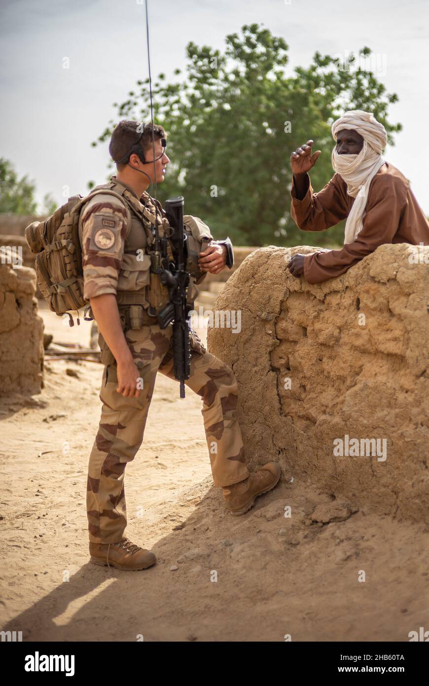 A platoon of the 3rd RIMA (naval infantry regiment), based in Vannes, Britany, and led by Lieutenant Geoffroy (27), patrols with the new "Griffon" armored vehicle (deployed for the first time in a theater of operations) in the villages of Guintou, Bera and Seina, north of Gao, Mali on December 15, 2021. The patrol aims to contact with the population and villages chiefs, in particular, in order to ensure that the population is not threatened and to collect information on terrorists or bandits. France has been gradually retiring its troops from military bases in northern Mali and moving them to Stock Photo