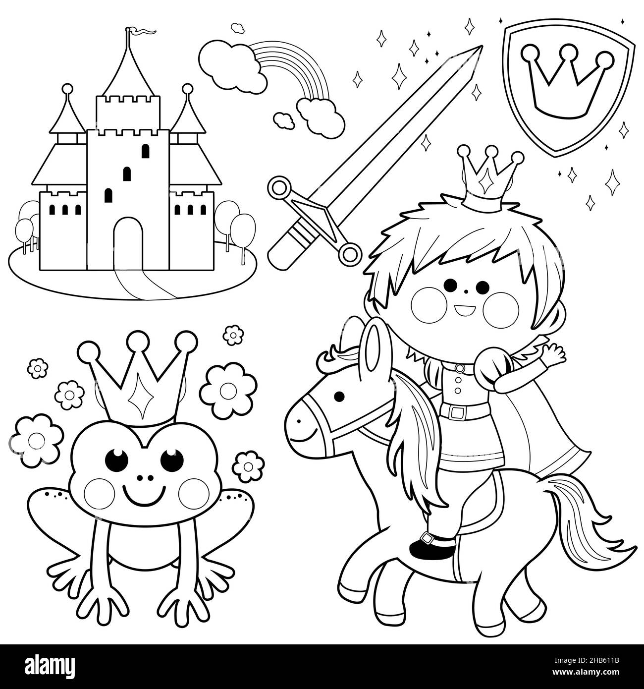 Prince riding a horse fairy tale set. Black and white coloring page. Stock Photo