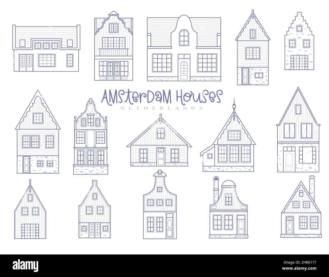 Amsterdam houses. Facades of European old buildings. Holland homes. Vector set outline illustration Stock Vector