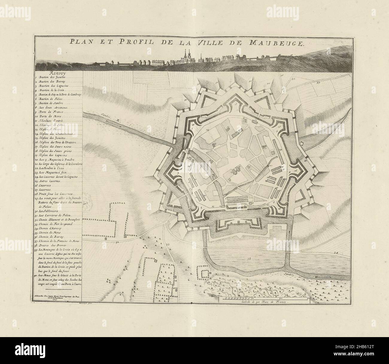 Map of Maubeuge, 1709, Plan et Profil de la ville de Maubeuge (title on  object), Map of Maubeuge, 1709. Profile of the town at the top, legend 1-40  on the left. Part