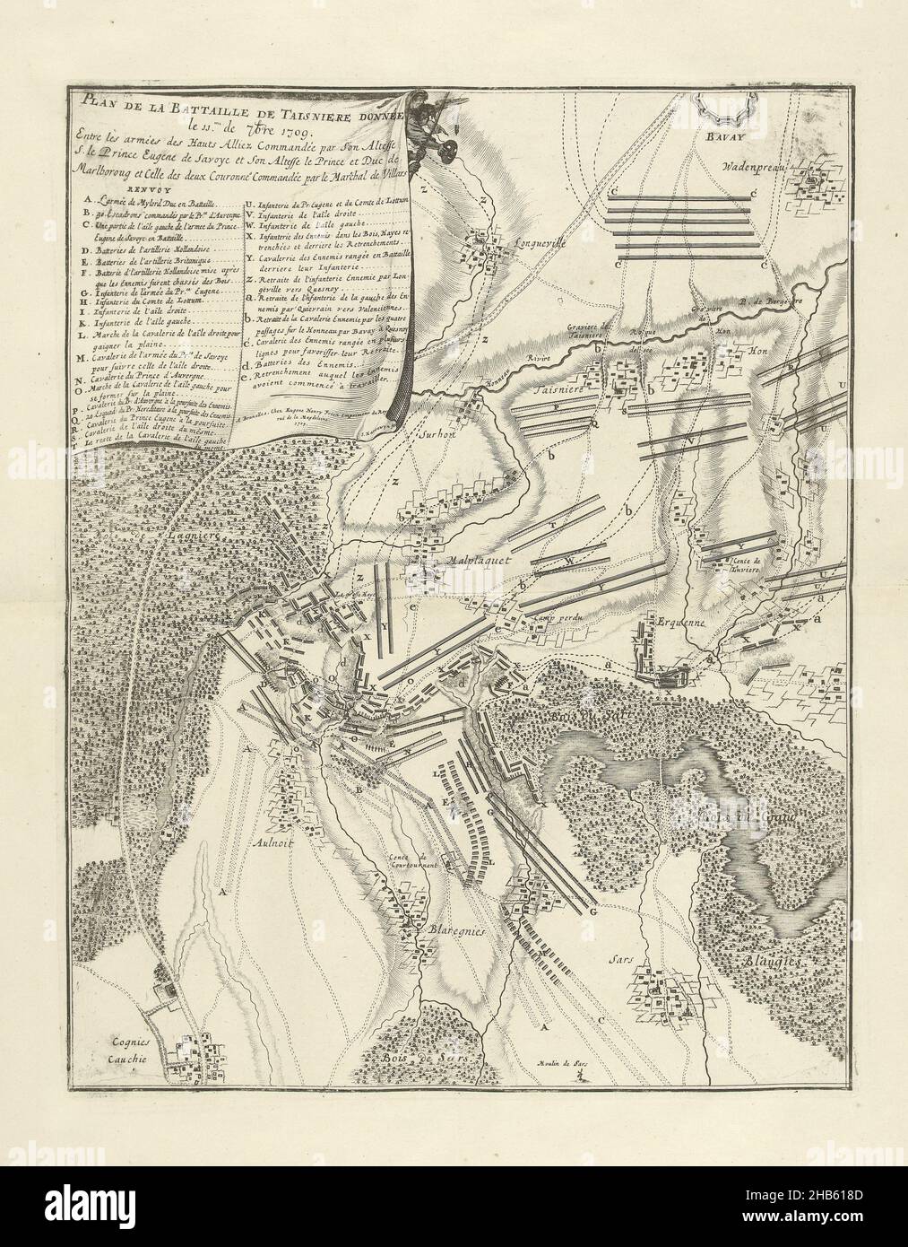 Battle of Malplaquet, 1709, Plan de la Bataille de Taisniere donnée le 11me de 7bre 1709 (title on object), Battle of Malplaquet, between the Allies under Duke of Marlborough and Prince of Savoy and the French, September 11, 1709. Top left drapery with the title and legend A-e in French. Part of a bundled collection of plans of battles and cities renowned in the War of the Spanish Succession., print maker: Jacobus Harrewijn (mentioned on object), publisher: Eugene Henry Fricx (mentioned on object), Brussels, 1709, paper, etching, engraving, height 465 mm × width 370 mm Stock Photo