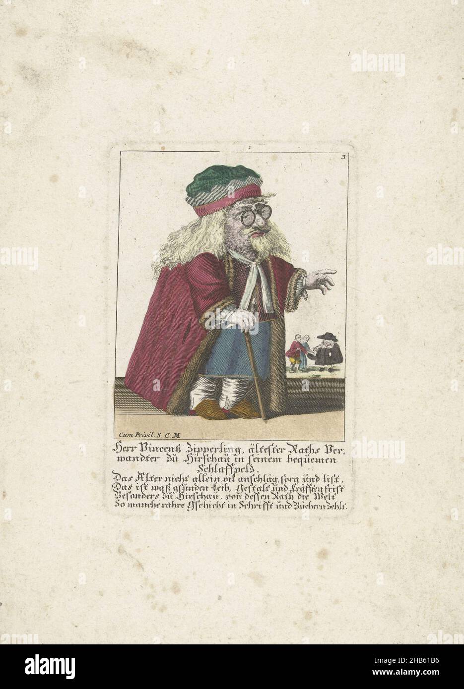 The dwarf Vincentz Zipperling in a fur coat, c. 1710, Herr Vincentz Zipperling, ältester Raths verwandter zu Hirschau in seinem bequemen Schlaffpelz (title on object), Il Callotto resurcitato oder Neu eingerichtes Zwerchen Cabinet (series title), The dwarf Vincentz Zipperling in a fur coat. In the caption below the title, a four-line verse in German. Numbered upper right: 3. Part of a loose-leaf edition from c. 1710 of a series of caricatures featuring dwarfs, known as The Dwarf Stage., print maker: Martin Engelbrecht (attributed to), unknown (mentioned on object), Augsburg, 1705 - 1715, paper Stock Photo
