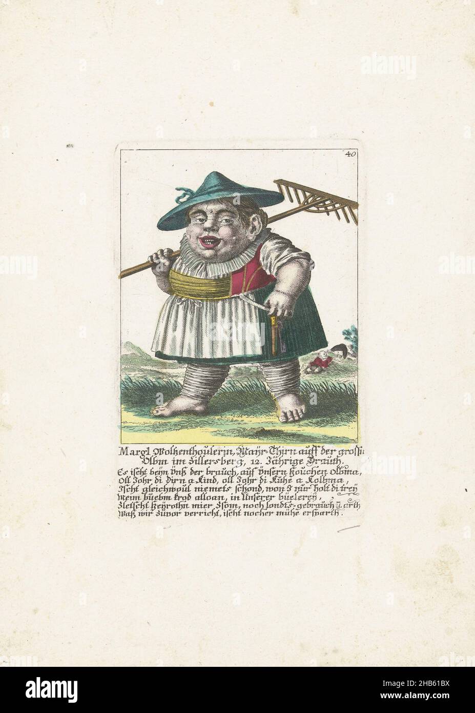 The dwarf Margl Woltzenthoulerin, c. 1710, Margl Woltzenthoulerin, Mayr-Thirn auff der grossn Olbm im Zillersberg, 12. Jährige Brauth (title on object), Il Callotto resurcitato oder Neu eingerichtes Zwerchen Cabinet (series title), The dwarf Margl Woltzenthoulerin, farmer's wife and twelve-year-old bride with a rake on shoulder. In the caption below the title, a six-line verse in German. Numbered top right: 40. Part of a loose-leaf edition from c. 1710 of a series of caricatures featuring dwarfs, known as The Dwarf Stage., print maker: Martin Engelbrecht (attributed to), Augsburg, 1705 - 1715 Stock Photo