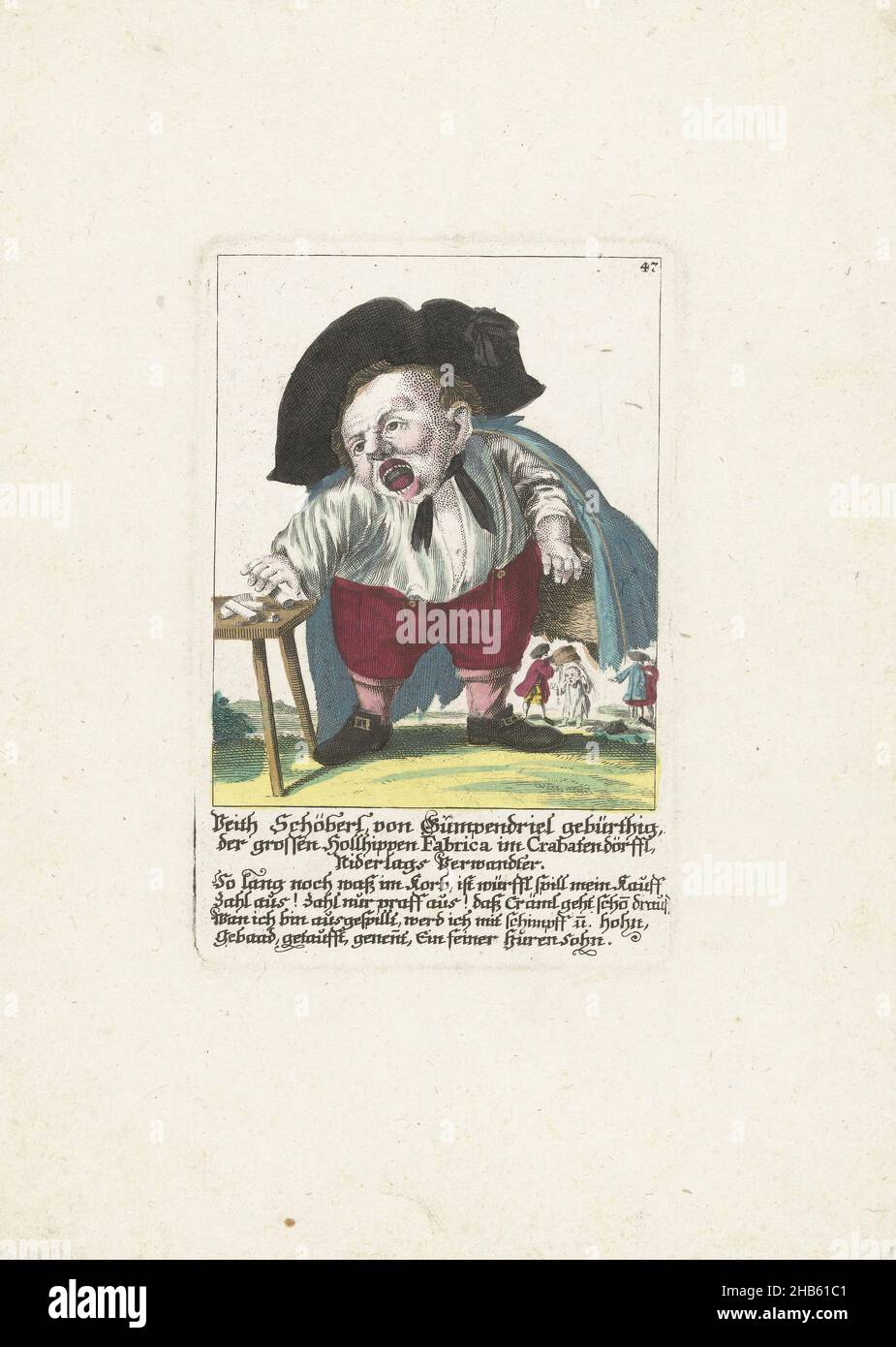 The dwarf Veith Schöberl von Gümpendriel, c. 1710, Veith Schöberl von Gümpendriel gebürthig, der grossen Hollhippen Fabrica im Crabatendörffl, Niderlags Verwandter (title on object), Il Callotto resurcitato oder Neu eingerichtes Zwerchen Cabinet (series title), The dwarf Veith Schöberl von Gümpendriel. In the caption below the title a four-line verse in German. Numbered top right: 47. Part of a loose-leaf edition from c. 1710 of a series of caricatures featuring dwarfs, known as The Dwarf Stage., print maker: Martin Engelbrecht (attributed to), Augsburg, 1705 - 1715, paper, engraving, height Stock Photo