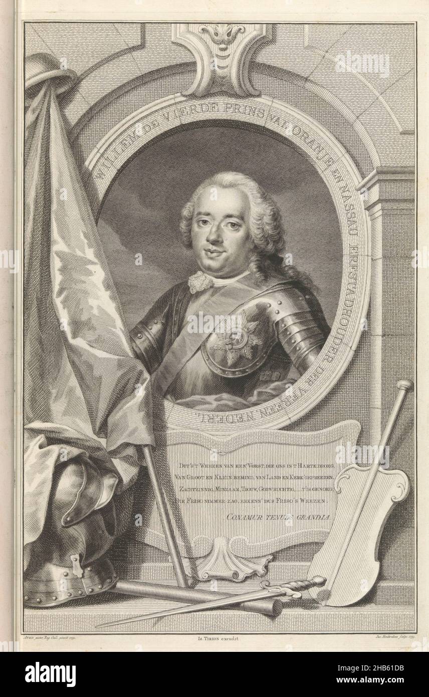 Portrait of William IV, 1751, Portrait of stanchion William IV in armor, oval in a stone wall. In front of the portrait a banner, helmet, helm and dagger. Below the portrait a verse by the Vlissingen poets' society 'Conamur tenues grandia'. Illustration in the book about the inauguration of Willem IV as hereditary lord of Vlissingen on June 5, 1751., print maker: Jacob Houbraken (mentioned on object), after: Jacques-André-Joseph Aved (mentioned on object), print maker: Northern Netherlands, publisher: Amsterdam, 1753, paper, etching, engraving, height 380 mm × width 245 mmheight 415 mm × width Stock Photo