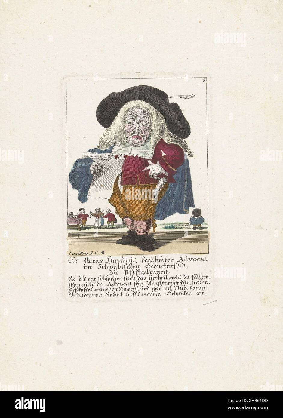 The dwarf Lucas Hirnzwik as a lawyer, c. 1710, Dr. Lucas Hirnzwik, berühmter Advocat im Schwäbischen Schnekenfeld, zu Pfifferlingen (title on object), Il Callotto resurcitato oder Neu eingerichtes Zwerchen Cabinet (series title), A dwarf Lucas Hirnzwik as a lawyer studying a document. In the caption below the title, a four-line verse in German. Numbered top right: 8. Part of a loose-leaf edition from c. 1710 of a series of caricatures featuring dwarfs, known as The Dwarf Stage., print maker: Martin Engelbrecht (attributed to), unknown (mentioned on object), Augsburg, 1705 - 1715, paper Stock Photo