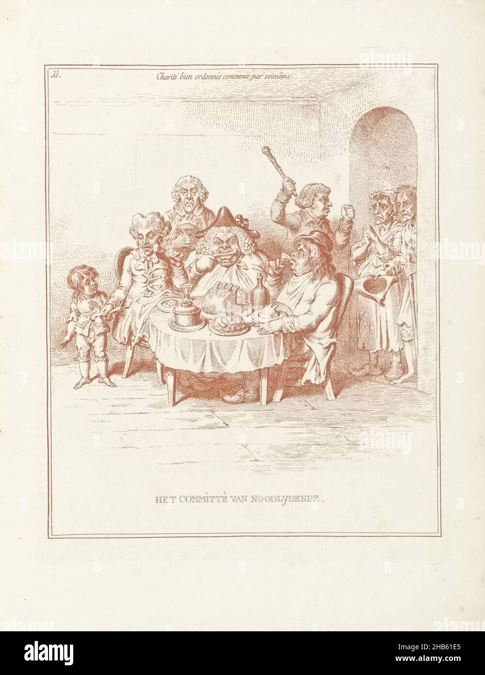 Committee for the Needy, 1795, The Committee for the Needy (title on object), Hollandia Regenerata (series title), Cartoon on the Committee for the Needy, 1795. Members of the committee feast at a table on a rich meal. A begging couple at the door is chased away, on the left a little boy is handed a split bone., print maker: James Gillray (possibly), intermediary draughtsman: David Hess, London, 1795, paper, etching, height 275 mm × width 220 mm Stock Photo