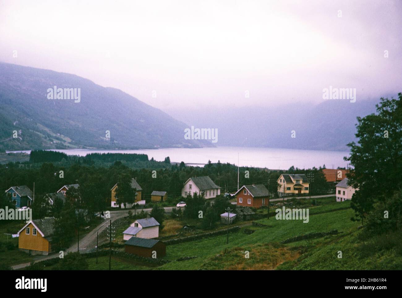 Houses in village of Røldal, Vestland, Norway in 1970 mountains and ...