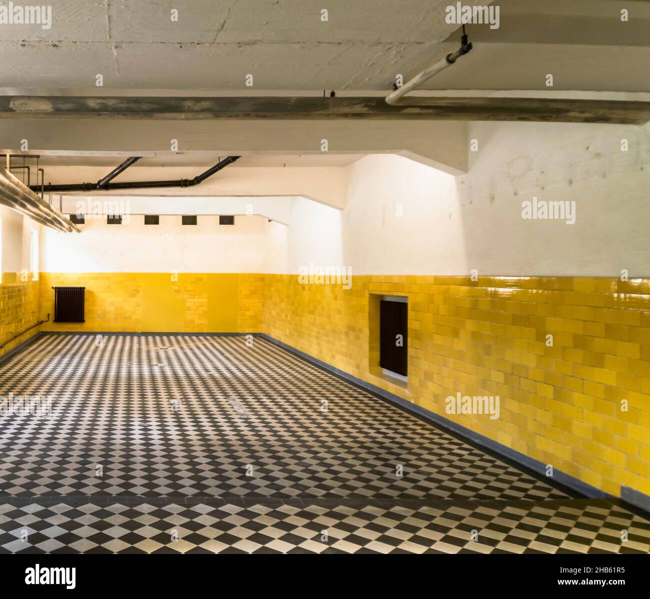 27/07/2018. Flossenburg. Germany. View to empty gas chamber hall in NAzi concentration camp museum. Stock Photo