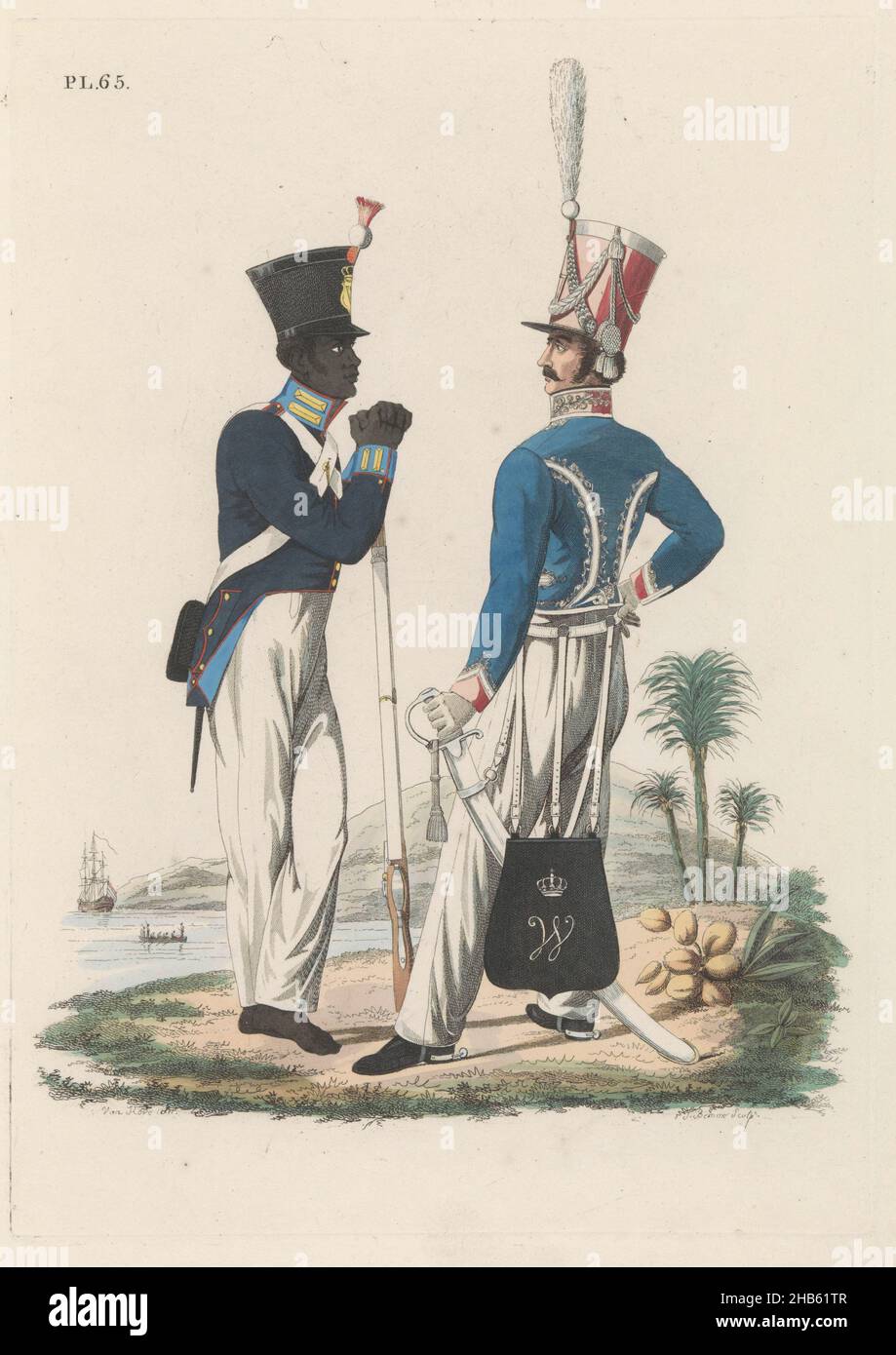Hussaar, on foot, of Reg. no. 7, and Infanterist (Inlander). Troops in the East Indies (title on object), A Dutch hussar of the Regiment Huzaren No. 7 and a barefoot native infantryman. From the Dutch troops in the East Indies. Plate 65. The two standing on the waterfront. Uniform representation in 'Continuation of the Description as to the Royal Dutch troops' by J.F. Teupken, 1826., print maker: Joannes Bemme (mentioned on object), intermediary draughtsman: Bartholomeus Johannes van Hove (mentioned on object), print maker: Netherlands, intermediary draughtsman: Netherlands, printer: The Hague Stock Photo