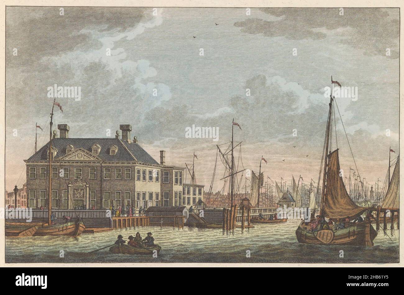 View of the Nieuwe Stadsherberg, ca. 1790, Nieuwe Stads-Herberg te Amsterdam, Vue de L'Edifice dite Nieuwe Stadsherberg - passage pour le Nord-hollande et Endroite au arrive les Barques de Buiksloot (title on object), De Nieuwe Stadsherberg te Amsterdam, ca. 1790. Part of a plate work from c. 1824-1825 with 74 (unnumbered) plates of the most important topographical views and various customs in the United Kingdom of the Netherlands., print maker: Carel Frederik Bendorp (I), intermediary draughtsman: Jan Bulthuis, Amsterdam, 1786 - 1792 and/or 1824 - 1825, paper, etching, engraving, height 174 Stock Photo