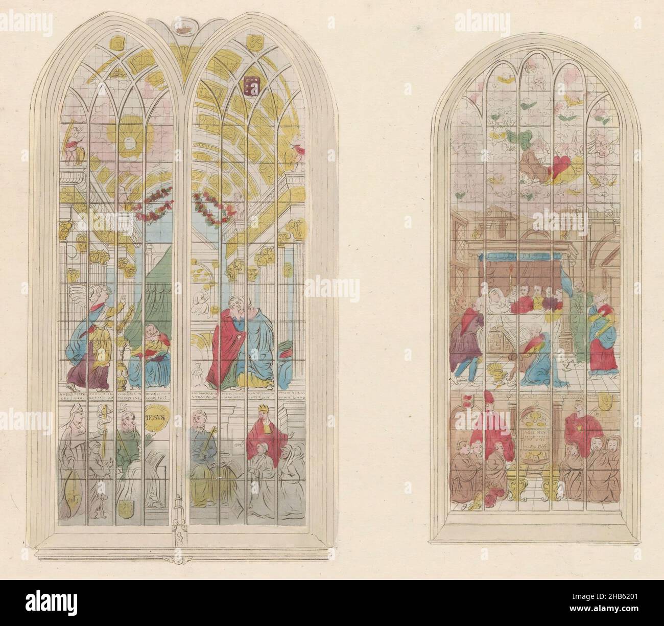 Stained glass windows in the Oude Kerk in Amsterdam, 1810-1825, Représentation des fameuses Vitres peintes de l'Eglise vieille (title on object), Three stained glass windows in the Oude Kerk in Amsterdam, ca. 1810-1825. Part of a plate work from c. 1824-1825 with 74 (unnumbered) plates of the most important topographical views and various customs in the United Kingdom of the Netherlands., print maker: anonymous, publisher: Evert Maaskamp (mentioned on object), Amsterdam, 1810 - 1825, paper, etching, engraving, height 197 mm × width 228 mm Stock Photo