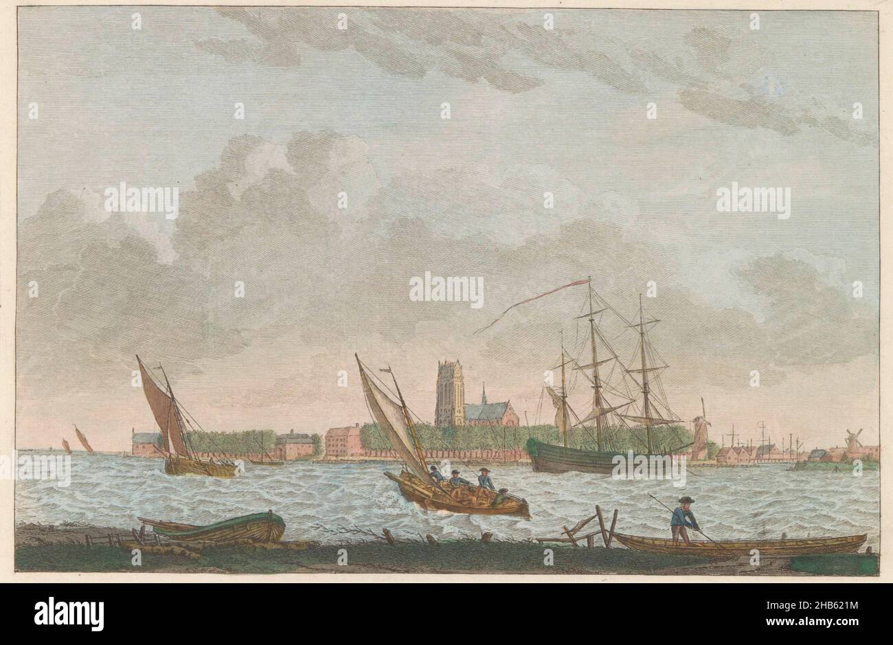 Dordrecht from the Merwede, ca. 1790, Dordrecht seen from the Merwe, La ville Dordrecht - prise du coté dela riviere dite la Merwe (title on object), View of Dordrecht from the Merwede, ca. 1790. Part of a plate work from c. 1824-1825 containing 74 (unnumbered) plates of the most important topographical views and various customs in the United Kingdom of the Netherlands., print maker: Carel Frederik Bendorp (I), intermediary draughtsman: Jan Bulthuis, print maker: Netherlands, publisher: Amsterdam, 1786 - 1792 and/or 1824 - 1825, paper, etching, engraving, height 172 mm × width 243 mm Stock Photo