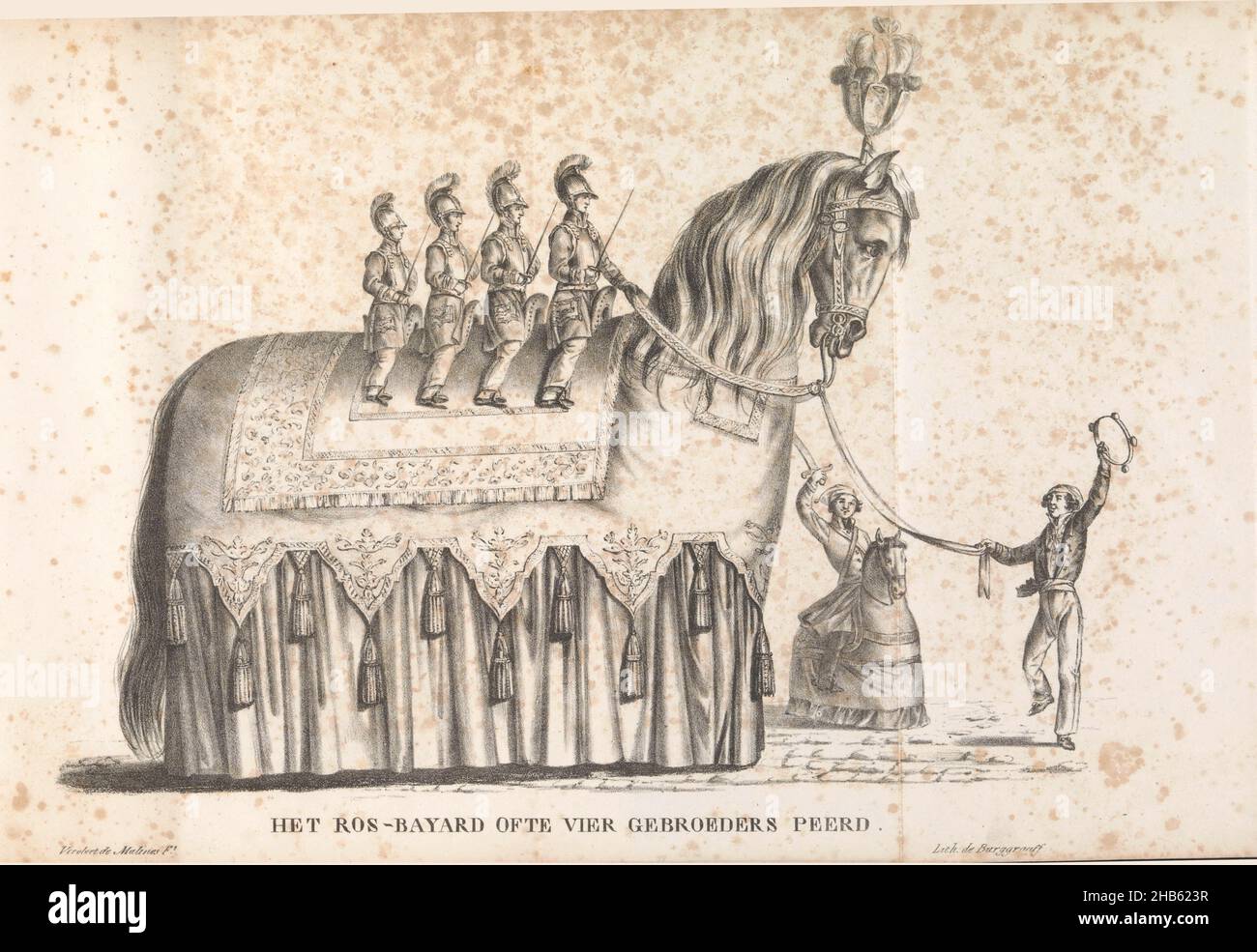 Ros Beiaard as a float in the procession for Saint Rombout, 1825, The Ros-Bayard ofte Vier Gebroeders Peerd (title on object), A float in the form of the horse Ros Beiaard on which the four Heemskinderen ride. Part of the circumambulation for Saint Rombout. The procession was held on June 28, July 5 and 12, 1825. Illustration in a publication to mark the 50th anniversary in 1825 of the jubilee of Saint Rumoldus or Rombout, patron saint of the city of Mechelen., print maker: Frans Vervloet (mentioned on object), printer: Burggraaff (mentioned on object), print maker: Mechelen, printer: Brussels Stock Photo