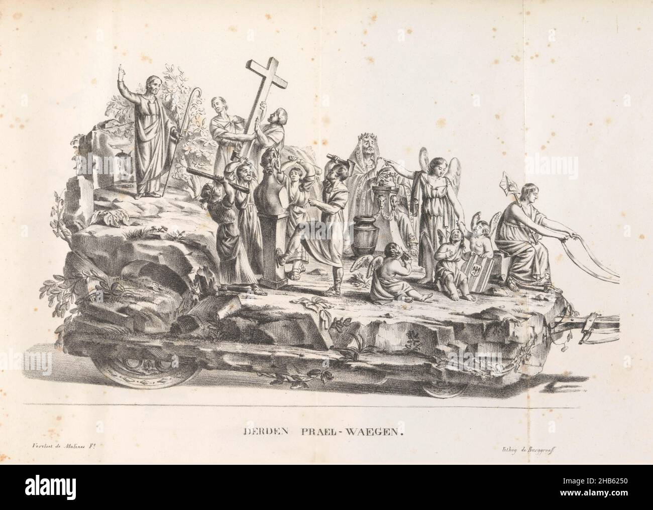 Third float in the procession for Saint Rombout, 1825, Derden Prael-waegen (title on object), The third float in the procession for Saint Rombout. On the float the preaching of Rombout and the destruction of idols in Mechelen. The procession was held on June 28, July 5 and 12, 1825. Illustration in a publication to mark the 50th anniversary in 1825 of the jubilee of Saint Rumoldus or Rombout, patron saint of the city of Mechelen., print maker: Frans Vervloet (mentioned on object), printer: Burggraaff (mentioned on object), print maker: Mechelen, printer: Brussels, publisher: Mechelen, 1825 Stock Photo