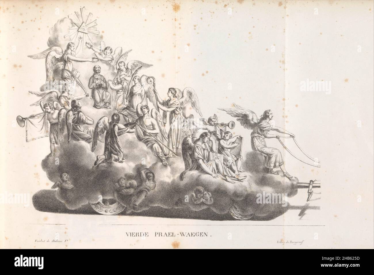 Fourth float in the procession for Saint Rombout, 1825, Fourth Prael-waegen (title on object), The fourth float in the procession for Saint Rombout. On the float the blessing of Rombout amidst angels. The procession was held on 28 June, 5 and 12 July 1825. Illustration in a publication on the occasion of the 50th anniversary in 1825 of the jubilee of Saint Rumoldus or Rombout, patron saint of the city of Mechelen., print maker: Frans Vervloet (mentioned on object), printer: Burggraaff (mentioned on object), print maker: Mechelen, printer: Brussels, publisher: Mechelen, 1825, paper, height 210 Stock Photo