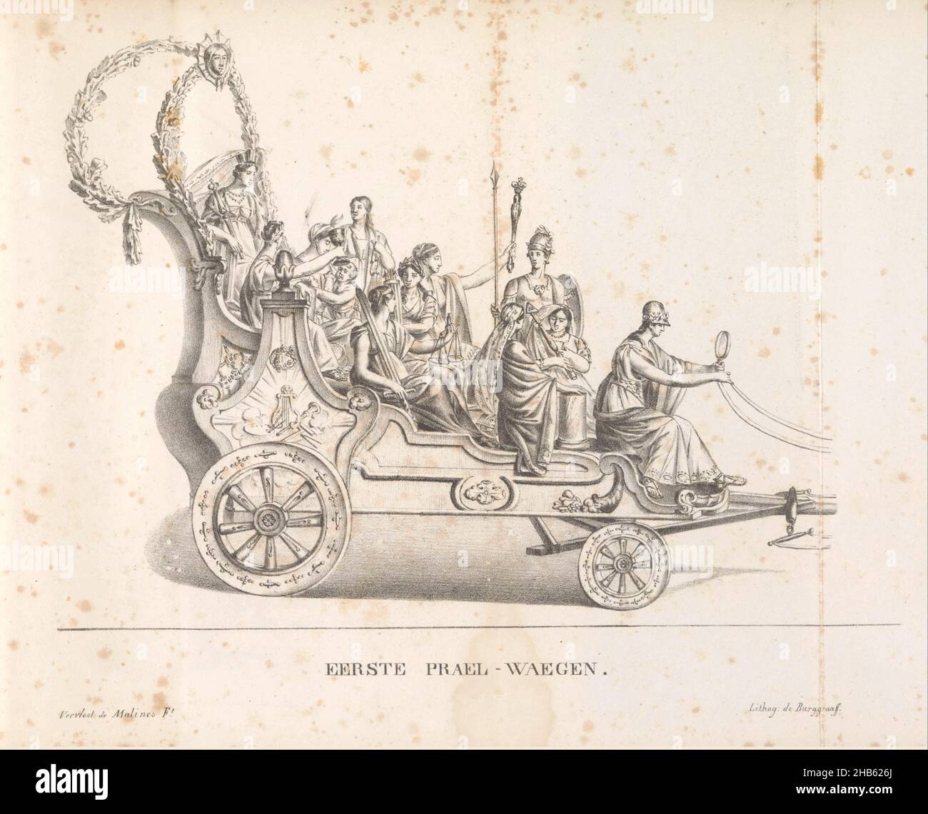 First float in the procession for Saint Rombout, 1825, Eerste Prael-waegen (title on object), The first float in the procession for Saint Rombout. On the float the city virgin of Mechelen accompanied by Virtues. The procession was held on 28 June, 5 and 12 July 1825. Illustration in a publication to mark the 50th anniversary in 1825 of the jubilee of Saint Rumoldus or Rombout, patron saint of the city of Mechelen., print maker: Frans Vervloet (mentioned on object), printer: Burggraaff (mentioned on object), print maker: Mechelen, printer: Brussels, publisher: Mechelen, 1825, paper, height 210 Stock Photo