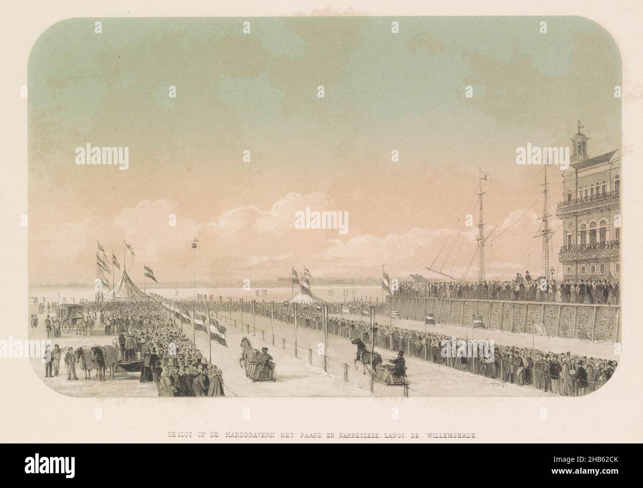 Contest for Sleigh Drivers on the river Maas in Rotterdam, 1855, View of the horse and carriage race along the Willemskade (title on object), The ice pleasure on the river Maas in Rotterdam in February 1855, with captions (series title on object), Contest for Sleigh Drivers on the river Maas along the Willemskade in Rotterdam. Fourth slide in a book with six slides on the ice fun on the river Maas in Rotterdam in February 1855. This copy republished in 1861 for the benefit of the victims of the flood., print maker: Gerardus Johannes Bos (mentioned on object), printer: Pieter Willem Marinus Stock Photo