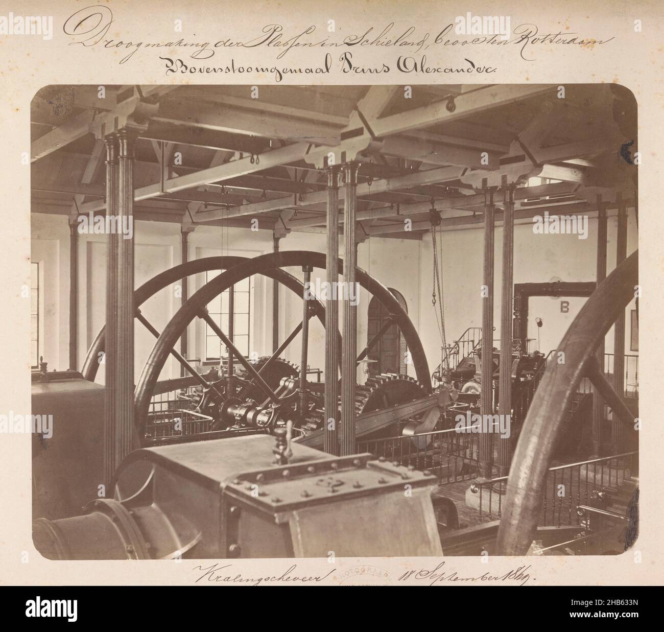 Bovenstoomgemaal Prins Alexander, Kralingscheveer 18 September 1869 (title on object), Droogmaking der Plassen in Schieland beoosten Rotterdam (series title on object), Stoomgemaal Prins Alexander at the Kralingse Veer on September 18, 1869. Part of a series of ten photographs of the 1867-1869 reclamation of the ponds in Schieland east of Rotterdam., Jacobus van Gorkom jr., Rotterdam, 18-Sep-1869, photographic support, cardboard, albumen print, height 225 mm × width 288 mm Stock Photo