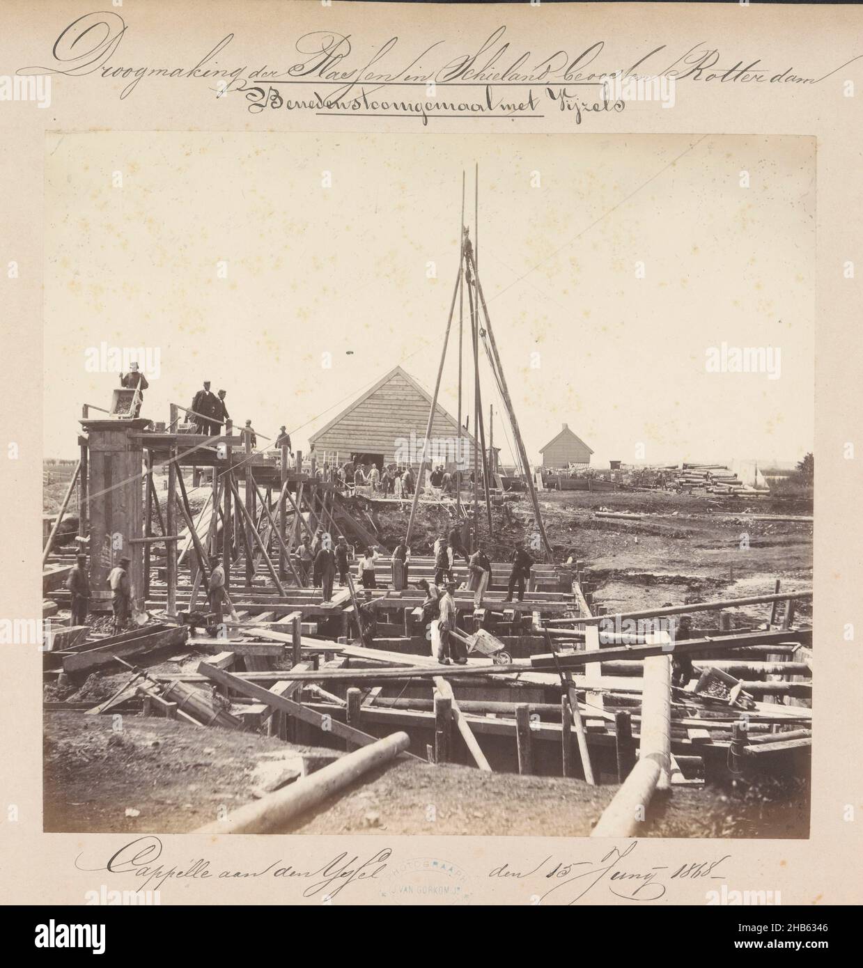 Lower steam pumping station with jacks, Cappelle aan den IJssel den 15 Junij 1868 (title on object), Drying of the ponds in Schieland east of Rotterdam (series title on object), Steam pumping station at Capelle aan den IJssel on 15 June 1868. Part of a series of ten photographs of the 1867-1869 reclamation of the ponds in Schieland east of Rotterdam., Jacobus van Gorkom jr. (mentioned on object), Rotterdam, 15-Jun-1868, photographic support, cardboard, albumen print, height 231 mm × width 252 mm Stock Photo