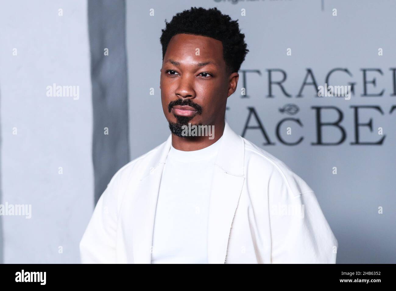 LOS ANGELES, CALIFORNIA, USA - DECEMBER 16: American actor Corey Hawkins arrives at the Los Angeles Premiere Of Apple Original Films' and A24's 'The Tragedy Of Macbeth' held at the Directors Guild of America Theater Complex on December 16, 2021 in Los Angeles, California, USA. (Photo by Xavier Collin/Image Press Agency) Stock Photo