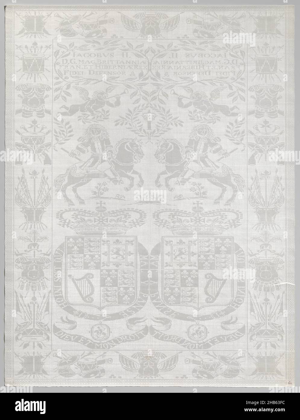 Napkin with James II of England, Napkin of linen damask with James II of England. Midfield: The symmetrically doubled pattern shows from bottom to top two scenes; 1 Large crowned coat of arms of Great Britain and Ireland, surrounded by the garter, on which hangs HONI SOIT QUI MAL Y PANSE, and from which hangs the badge of order of St. George. Below that, a band of text with DIEU ET MON DROIT. 2 Seated on a center-turned, galloping horse is James, with low allonge wig, lace jabot dated after 1670 and marshal's staff. Above the horse's head the crowned letter I in a laurel wreath. Above James a Stock Photo
