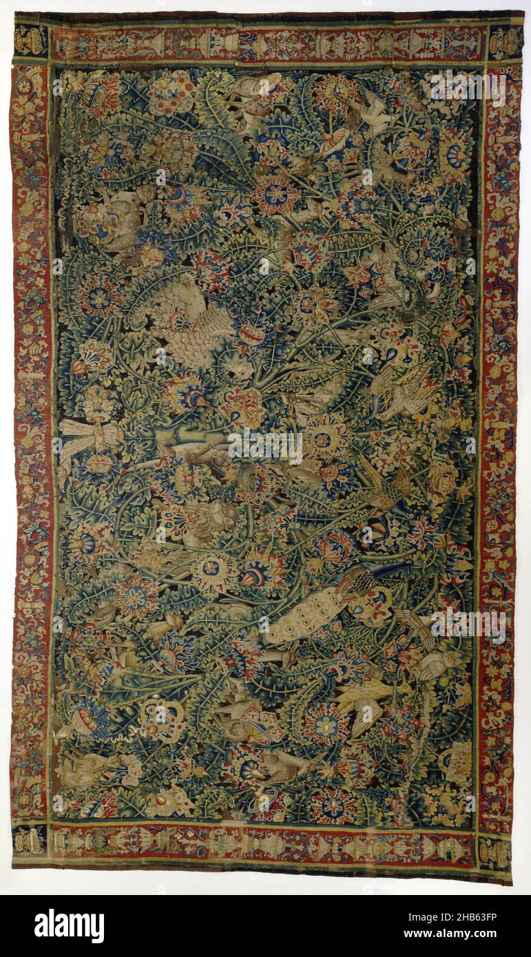 Large-leafed verdure with animals, Tapestry, large-leafed verdure with animals. A brownish-black fond is filled by symmetrical richly-branched volute tendrils. The center stem springs from a knotted cloth of pink (emblem of Gia, N geleazzo Visconti). Lancet-shaped, yellow-girdled leaves alternate with large flowers, the parts of which are blue, red, yellow and white in color; including rosette-shaped flowers with ribbon leaves shaped like lightning (perhaps radiant suns, also emblem of Visconti). Further numerous variations with bud-shaped and awl-shaped hearts. In between and somewhat Stock Photo