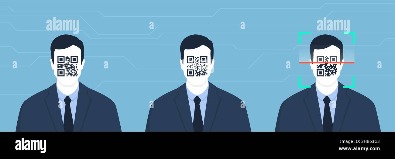 Series of identical businessmen with QR code on their face: digital identity and standardization concept Stock Vector