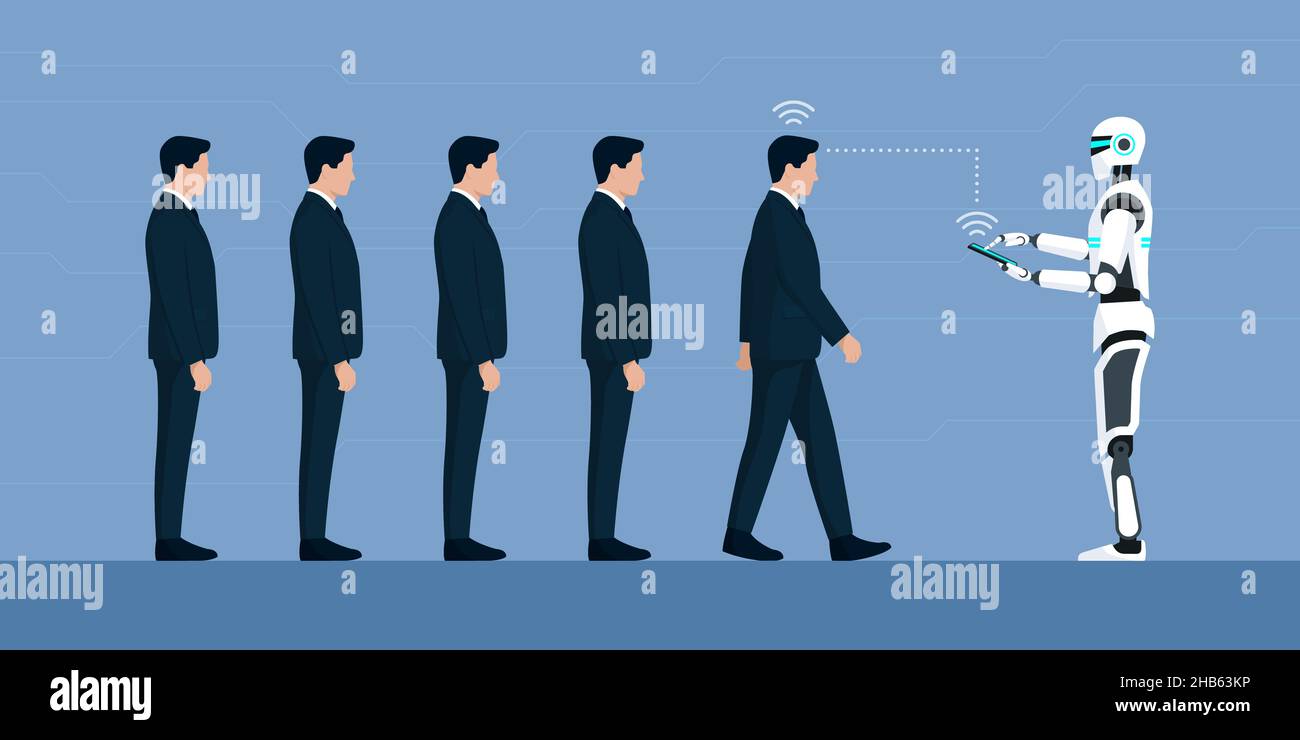AI humanoid robot controlling a series of businessmen clones using a tablet Stock Vector