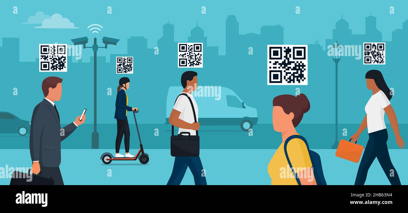 People walking in the city street, the system is checking their QR codes and digital identities Stock Vector