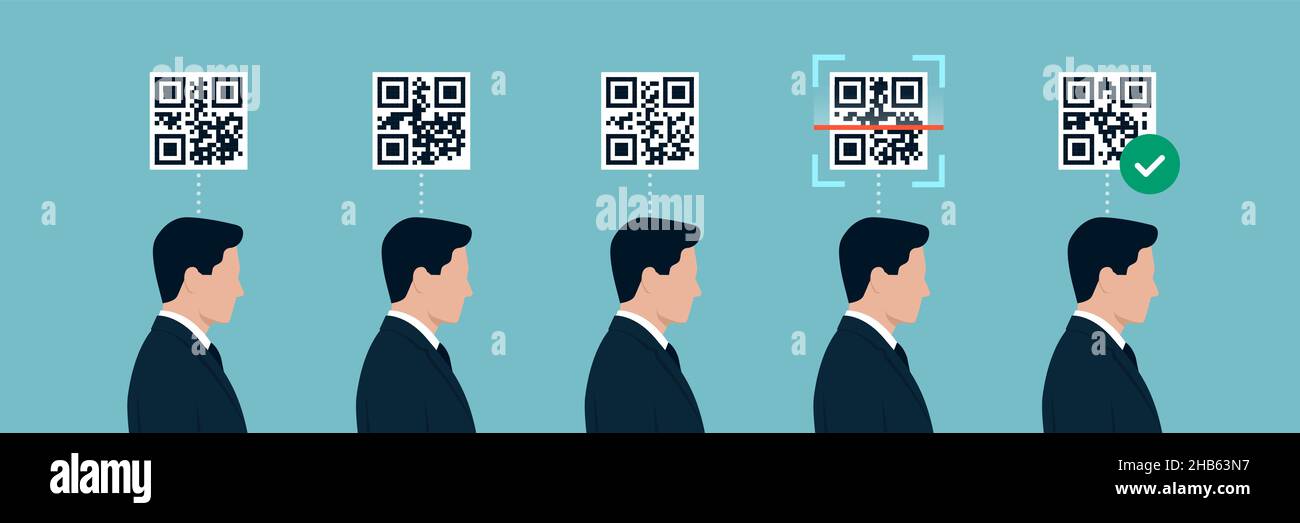 Series of identical businessmen in line and QR codes: their code id checked and validated, digital identity concept Stock Vector