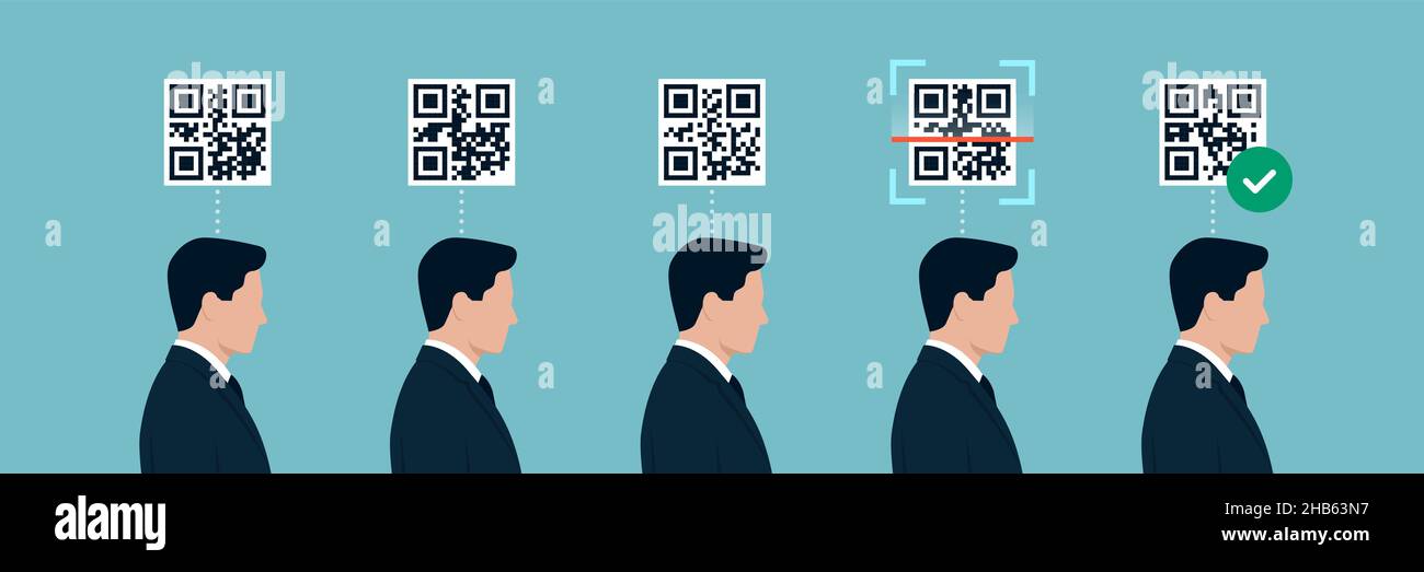 Series of identical businessmen in line and QR codes: their code id ...