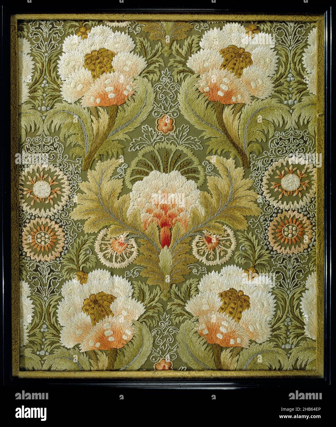 Silk Embroidery with Flowers and Leaves, Embroidery of silk on linen
