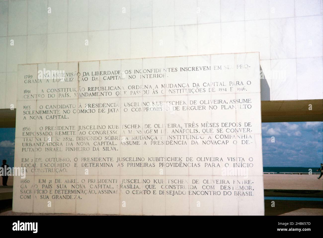 Marble tablet inscribed with significant historical dates outside library building, Brasilia, Federal District, Brazil in 1962 Stock Photo