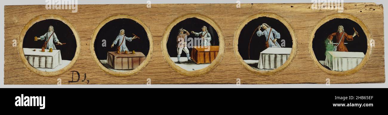 Five images of magic tricks, Five glasses with images of a magician performing tricks, in a wooden mount. In all but the rightmost image, the magician has a red staff and shoulder bag and a blue coat; in the rightmost image, the coloring of coat and shoulder bag is reversed., anonymous, Netherlands, c. 1700 - c. 1790, oak (wood), glass, width 45.6 cm × length 9.7 cm × thickness 0.8 cm Stock Photo