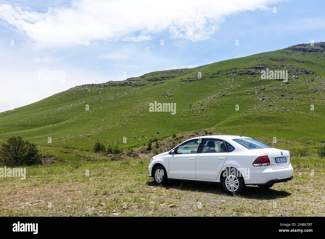 White volkswagen car at Long Tom Pass, panorama route, South Africa Stock Photo